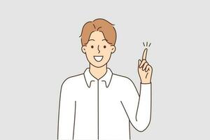 Smiling man raise finger up find problem solution. Happy motivated male solve dilemma make decision or choice. Great idea. Vector illustration.