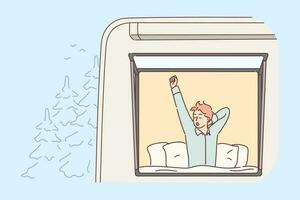 Man tourist wakes up in RV van parked near forest and yawns sitting in bed raising hand up. Guy lives in RV van or travels enjoying freedom and independence of permanent residence. vector