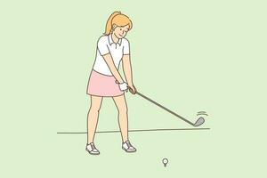 Young woman playing golf on field. Smiling female engaged in sport game activity. Hobby and leisure. Vector illustration.