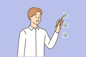 Smiling young man check boxes accomplish tasks. Happy confident male marking finished work list feel motivated. Vector illustration.