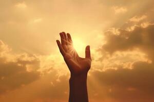 humano manos abierto palma arriba Adoración con fe en religión y creencia en Dios en bendición antecedentes. ai generativo foto