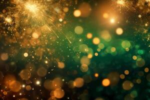 Gold and green Fireworks and bokeh in New Year eve and copy space. Abstract background holiday. photo