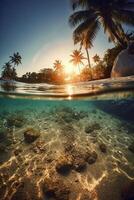 Photograph of beautiful inviting beach scene with sunset sky. photo