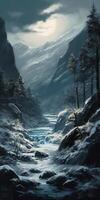 A painting of a valley covered in snow, in the style of dark fantasy, realistic lighting, luminosity of water, flowing silhouettes, fairy tale. photo