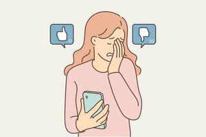 Woman blogger suffers sees dislikes under own post on social network and cries holding phone in hand. Frustrated girl feels unhappiness and despair due to dislikes or internet bullying vector