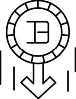 negro Delgado lineal bitcoin con abajo flecha icono. vector