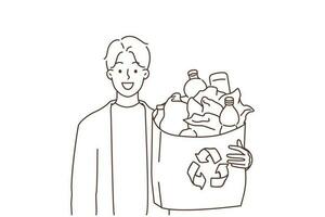 Smiling man hold bag with plastic bottles for utilization. Happy guy recycle plastic care about planet and environment safety. Vector illustration.