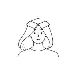 Smiling woman with open mind waiting for inspiration. Happy girl dreaming looking for inspiring thoughts. Visualization and daydreaming. Vector illustration.