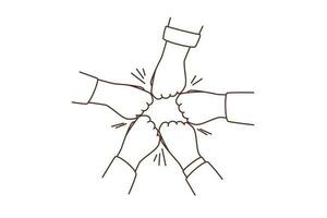 Close-up of diverse people join hands give fists bumps showing unity and support. Multiracial friend or colleagues engaged in teambuilding activity. Vector illustration.