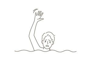 Stressed man drowning in water rise hand asking for help. Unhappy scared male beg for rescue have emergency in sea. Vector illustration.