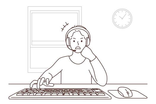 Boy sit on desk playing game on computer. Smiling child in headphones have fun engaged in videogame on PC at home. Gamer and application. Vector illustration.