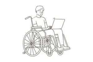 Smiling young man sit in wheelchair work on laptop. Happy optimistic handicapped guy use computer do freelance job or browse internet. Vector illustration.