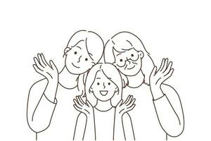 Portrait of smiling three generations of women posing together waving with hand. Happy girl child with mother and grandmother show family unity. Vector illustration.