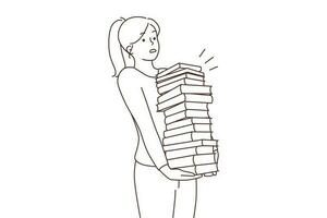 Young woman carrying stack of books from library. Female with textbooks pile. Education and knowledge. Vector illustration.