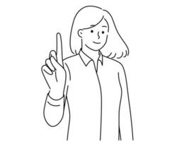 Smiling young woman point finger up generate business idea. Happy businesswoman show upward at good deal or promotion. Vector illustration.