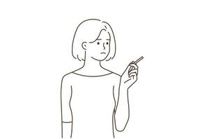 Young woman smoking cigarette. Unhappy girl having bad unhealthy habit. Smoker concept. Vector illustration.