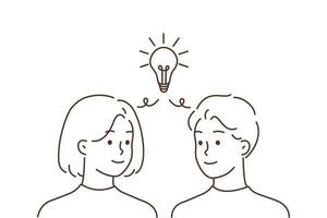 Man and woman with lightbulb above head generate business idea together. Employees team brainstorm develop problem solution. Teamwork. Vector illustration.