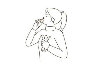enfermo mujer utilizando nasal rociar sufrir desde líquido nariz. insalubre niña tomar medicación luchando con frío o gripe. cuidado de la salud y medicamento. vector ilustración.