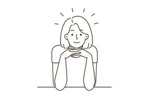 sonriente joven mujer sentar a escritorio mirando a cámara. contento niña sentado a mesa comunicado con amigo o colega. comunicación. vector ilustración.