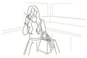 contento mujer hablar en Teléfono móvil compras para ropa. sonriente niña con pantalones en manos haciendo compras chateando en móvil. vector ilustración.
