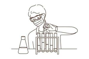 Young male scientist in face mask make experiments in lab. Man researcher experiment using tubes in laboratory. Science and biotechnology. Vector illustration.