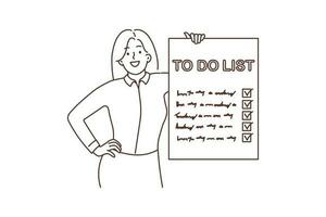Smiling businesswoman show to do list with finish marks. Happy woman demonstrate check list with finished tasks. Time management. Vector illustration.