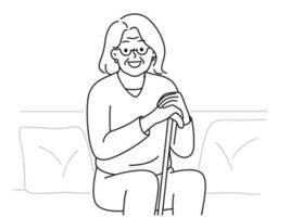 Smiling elderly grandmother sit on sofa with walking stick feeling positive and optimistic. Happy mature woman enjoy good maturity and retirement. Vector illustration.