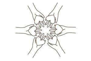 Diverse people holding hearts show care and love. Multiracial hands with heart symbols united together. Charity and volunteer. Vector illustration.