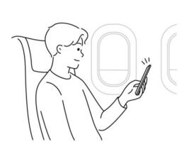 Young man sit on plane using cellphone gadget. Smiling male browse smartphone on flight. Technology and flying. Vector illustration.