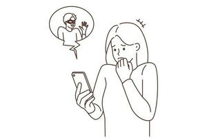 Scared woman look at cellphone screen frustrated with internet scam. Stressed girl use smartphone terrified with hacker stealing personal information. Web safety and security. Vector illustration.