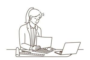 Businesswoman working on laptop in office. Female architect or engineer developing blueprint busy on computer. Vector illustration.