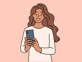 Smiling young woman make self-portrait on cellphone. Happy African American girl take selfie on smartphone. Vector illustration.