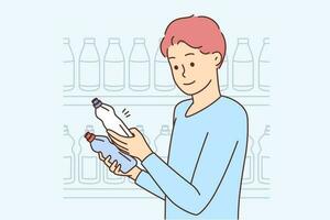 Man choosing product in supermarket. Smiling male customer compare bottles buying household items in shop. Consumerism. Vector illustration.