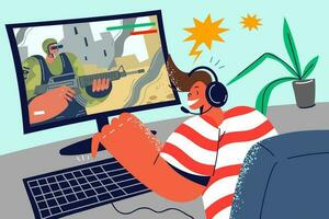 Smiling boy child in headphones playing fighting game on PC at home. Kid have fun engaged in video game on computer. Entertainment. Vector illustration.