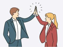 Happy businesspeople give high five celebrate shared business success. Smiling employees excited with good work results or promotion. Vector illustration.