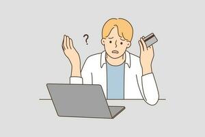 Frustrated man paying online have problems with credit card. Confused guy shopping on internet having troubles with internet banking. Vector illustration.