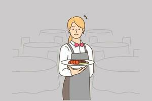 Smiling waitress in uniform serving meal in restaurant. Happy professional female waiter with food in hands serve in diner. Vector illustration.