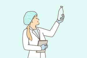 Woman laboratory assistant with glass bottle checks chemical composition of milk produced in factory. Professional girl performs quality control working as technologist at food factory. vector