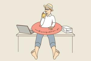 Man office worker with inflatable swimming ring and cocktail dreams of going on summer vacation sitting at workplace near laptop. Concept of planning tourist trip and summer vacation in resort vector