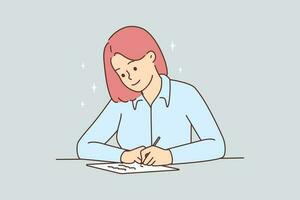Smiling young woman sit at desk writing letter. Happy girl at table handwriting on paper making notes. Vector illustration.