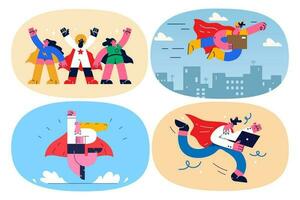 Couriers superheroes deliver parcels demonstrate good quality company service. Deliveryman or postman in skies ship package box to client or customer. Fast delivery. Flat vector illustration. Set.
