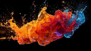 Paint drop. Ink water. Cold flame. Burning ice. Red orange blue color gradient glowing glitter fluid splash on dark black abstract art background. photo
