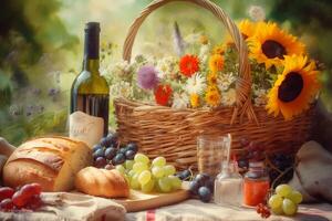 presentando un cesta de Fresco Fruta y pan, un botella de vino, y un ramo de flores de flores silvestres ai generativo foto