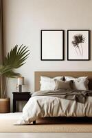 Blank white photo poster frame with black edge in modern, luxury beige brown bedroom, wood head board bed, gray blanket, pillow, bedside table, palm houseplant in sunlight.