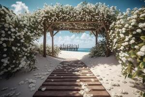 Photorealistic photo of a wooden path to the beach. Blue sky. plam trees, floral wedding arch white flowers.