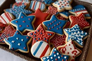 Cookies decorated in red white and blue for 4th July celebration. photo