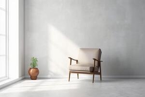 Modern minimalist interior with an armchair on empty white color wall background. photo
