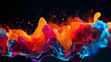 Paint drop. Ink water. Cold flame. Burning ice. Red orange blue color gradient glowing glitter fluid splash on dark black abstract art background. photo