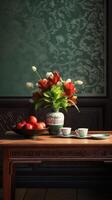 A brown table, wooden, classical style bouquet on the right side of the table. photo
