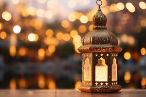 Original traditional ornate oriental lantern with beautiful bokeh of holiday lights and mosque in background. photo